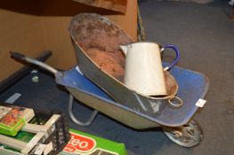 Child's Metal Wheelbarrow, Small Bathtub and Enameled Jug
