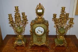 French Green Marble & Gilt Metal Garniture Clock Set