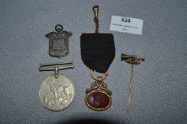 WWII Service Medal Silver, Shield Fob and a Gilt Metal Fob Medallion