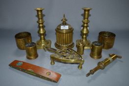 Brassware Candlesticks, Beakers, Trivet, etc.