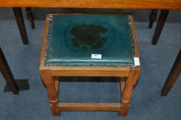 Oak Stool with Green Leather Seat