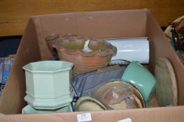 Box Containing Planters, Enamel Pans, Bread Board