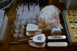 Drinking Glassware, Needlework Doilies, Vanity Bru