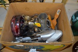 Box Containing Silver Plated Trophies, Toilet Mirr