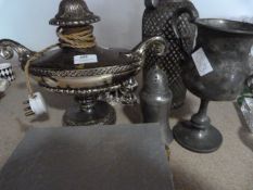 Silver Plated Lamp Base, Soda Siphon, Pewter Cutle