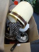Large Box Containing Dinnerware, Pans, Books, etc...