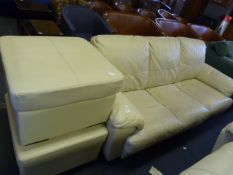 Cream Leather Three Seat Sofa with Two Pouffes