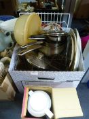 Box of Kitchen Items: Stainless Steel Pans, Mixing
