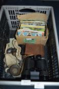 Box Containing Vintage Binoculars, Camera, Silver