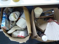 Two Boxes Containing Kitchenware, Table Lamps, Pla