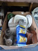 Box of Dinnerware, Carved Wood Boxes, Mugs and Gla