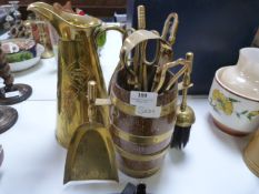 Brass Bound Oak Barrel Fire Side Companion Set and