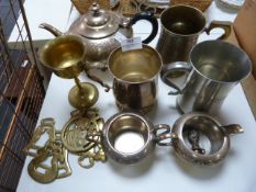 Silver Plated Tea Set and Brassware: Mugs Horse Br