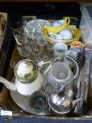 Box Containing Dinnerware, Teapots, Mugs, etc.