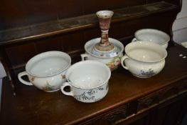 Five Patterned Potties and a Glass Vase