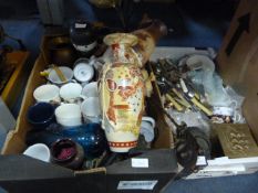 Two Boxes Containing Black Teapot, Cutlery, Chines