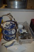 Willow Pattern Three Tier Cake Stand and a Box of