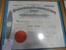 Framed Antique Share Certificate for the Alexandra