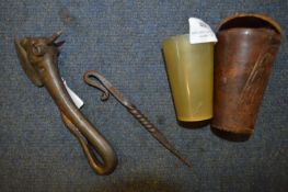 Cast Iron Bull Can Opener, Horn Beaker and a Skewe