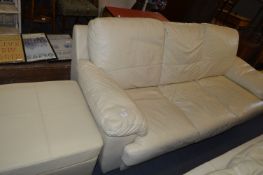 Cream Leather Three Seat Sofa with Pouffe Stool