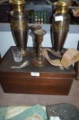 Pair of Metal Vases, Oak Storage Box, Candlesticks