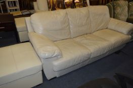 Cream Leather Three Seat Sofa and Pouffe Stool