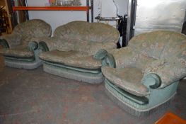 Green Floral Pattern Three Piece Suite; Three Seat