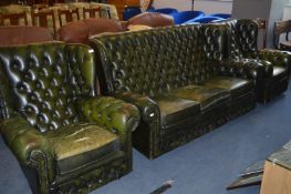 Green Leather Winged Highback Buttoned Three Piece