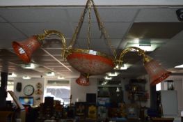 Three Branch Brass & Mottled Glass Ceiling Light F