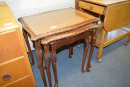 Carved Wood Nest of Three Tables with Glass & Leat