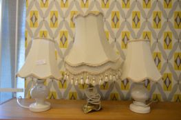 Two Pottery and One Brass Table Lamps with Shades
