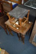 Walnut Nest of Three Tables and a Small Stool