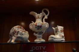 Floral Decorated Pottery Piggy Bank, Tall Vase and