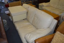 Cream Leather Three Seat Sofa and Pouffe Stool