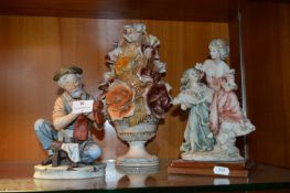 Two Capodimonte Style Figures and a Large Pottery