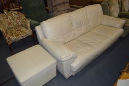 Cream Leather Three Seat Sofa and Pouffe Stool