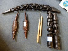 African Carved Ebony Candle Stands, Elephant Ornam