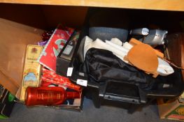 Two Boxes of Curtain Material, Wooden Pipes, Swan