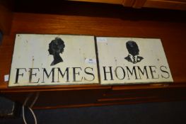 Two Printed Metal Signs - Femmes & Hommes