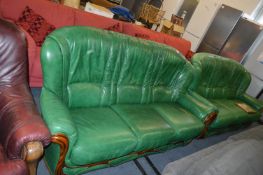 Pair of Green Leather Three Seat Sofas