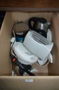 Box Containing Two Fan Heaters, Kettle, Pedal Bin