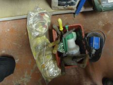 Box of Gardening Tools; Trowels, Sprayer, etc.
