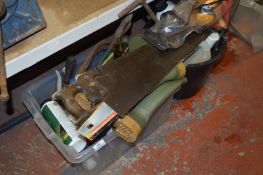 Box and a Bucket of Assorted Tools and Products