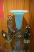 Tall Blue Glass Vase and Murano Cockerel Ornament