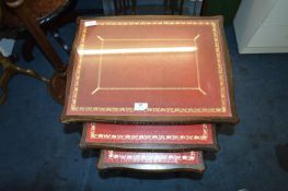 Walnut Nest of Three Tables with Glass and Red Lea