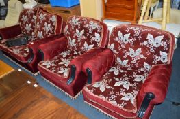 Red Floral Patterned Two Seat Settee and Two Armch