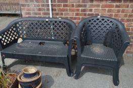 Black Plastic Garden Bench and Two Armchairs