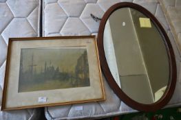 Oval Framed Wall Mirror and a Print of Princess Do