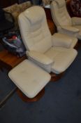 Cream Leather Swivel Armchair with Footstool