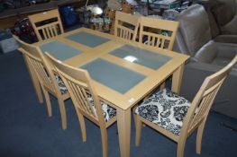 Beech Effect Glass Paneled Dining Table with Six Slatback Chairs